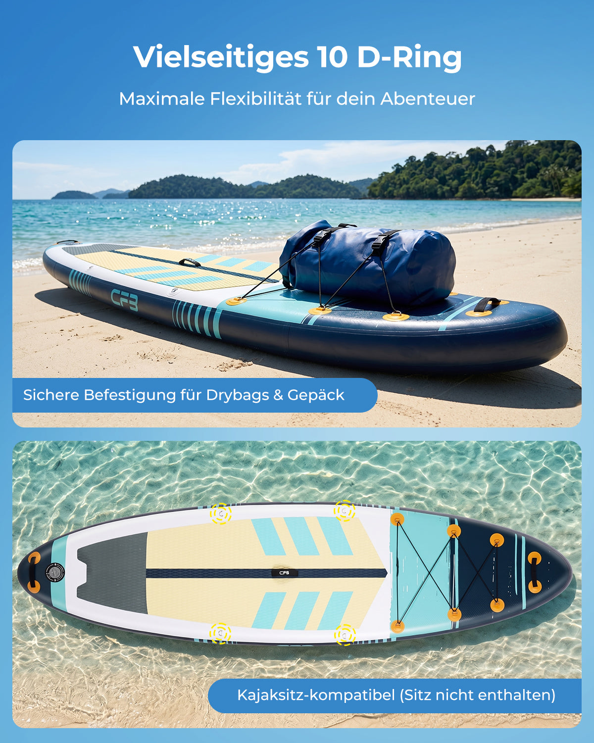 CF3 Stand Up Paddle Board 10'6'' – Aufblasbares SUP Board Set mit Paddel & Pumpe – Rutschfestes Allround Paddleboard für Erwachsene & Anfänger – Touring & Freizeit