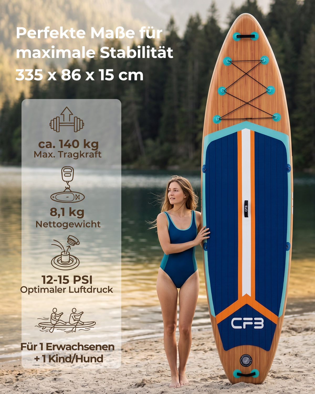 CFB Stand Up Paddling Board Aufblasbar 335x86x15cm, Ultra Breites SUP Board Set für Erwachsene & Familie, Max 140kg, mit Tragegurt, Doppelhubpumpe & 5L Dry Bag