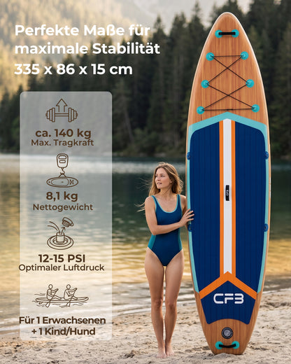 CFB Stand Up Paddling Board Aufblasbar 335x86x15cm, Ultra Breites SUP Board Set für Erwachsene & Familie, Max 140kg, mit Tragegurt, Doppelhubpumpe & 5L Dry Bag