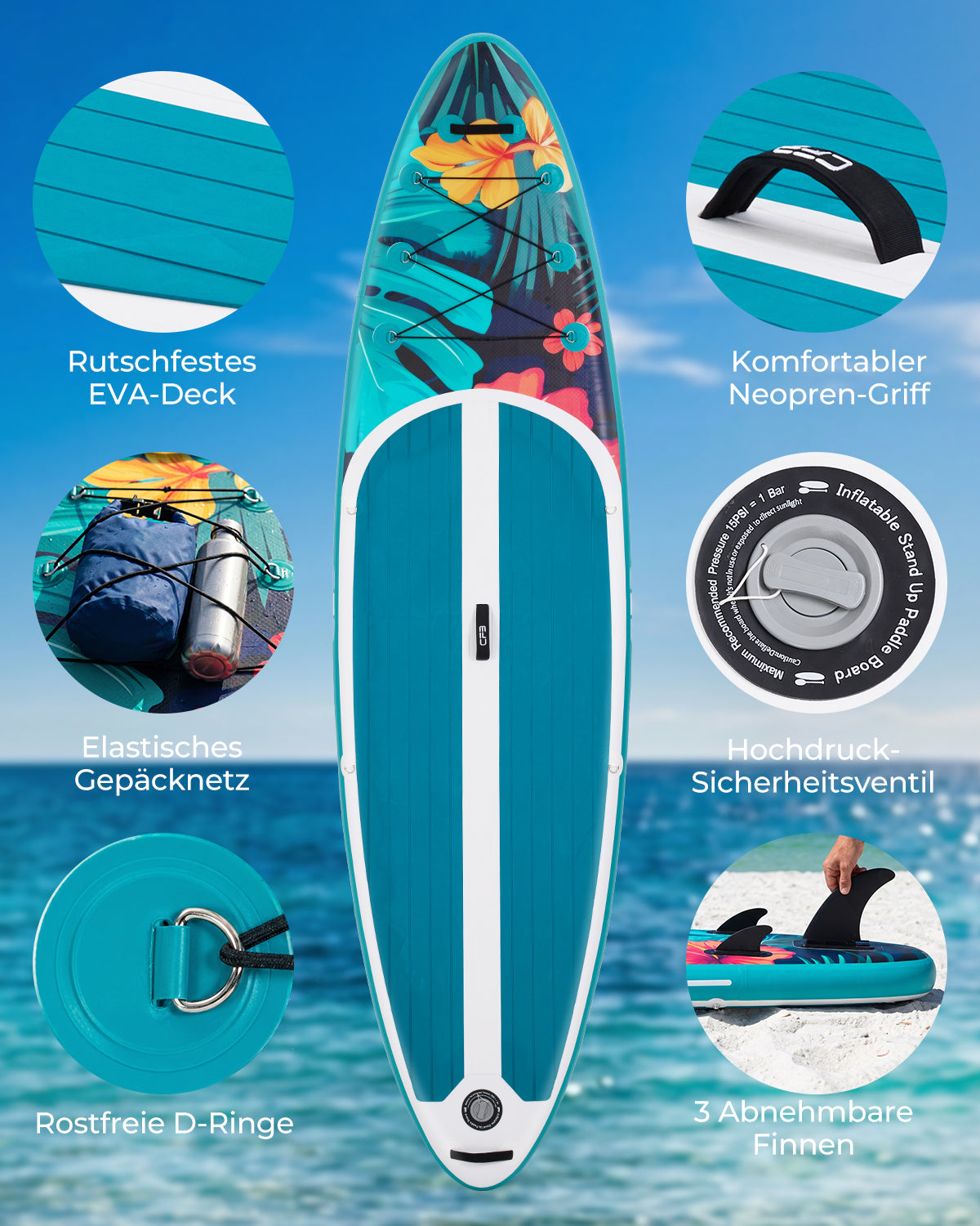 CFB Stand Up Paddling Board Aufblasbar 320x84x15cm, Extra Breites SUP Board Set für Erwachsene & Anfänger, Max 130kg, mit Tragegurt, Doppelhubpumpe & 5L Dry Bag