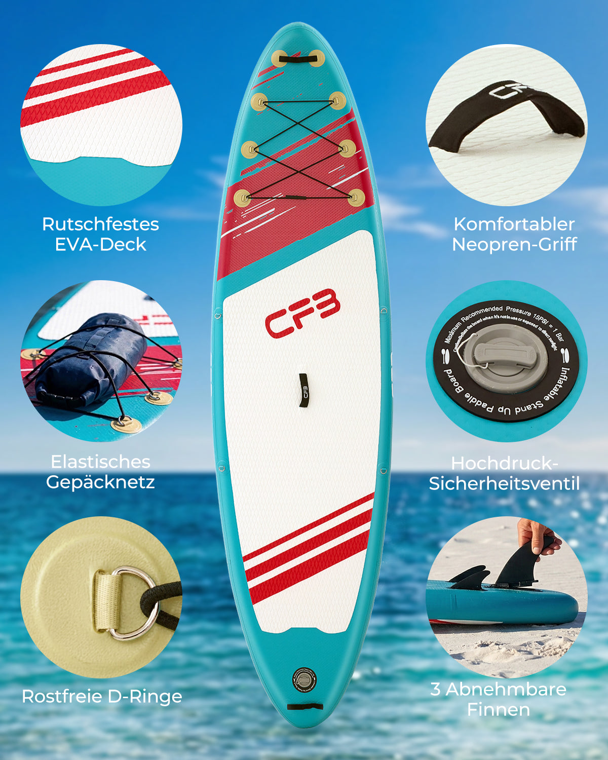 CFB Stand Up Paddling Board Aufblasbar 320x84x15cm, Extra Breites SUP Board Set für Erwachsene & Anfänger, Max 130kg, mit Tragegurt, Doppelhubpumpe & 5L Dry Bag