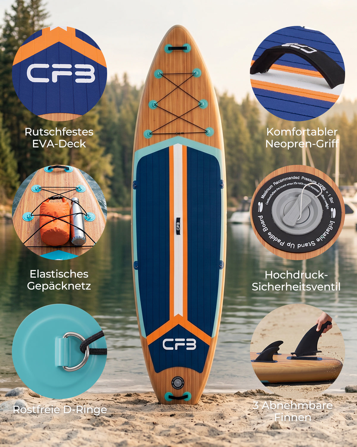 CFB Stand Up Paddling Board Aufblasbar 335x86x15cm, Ultra Breites SUP Board Set für Erwachsene & Familie, Max 140kg, mit Tragegurt, Doppelhubpumpe & 5L Dry Bag