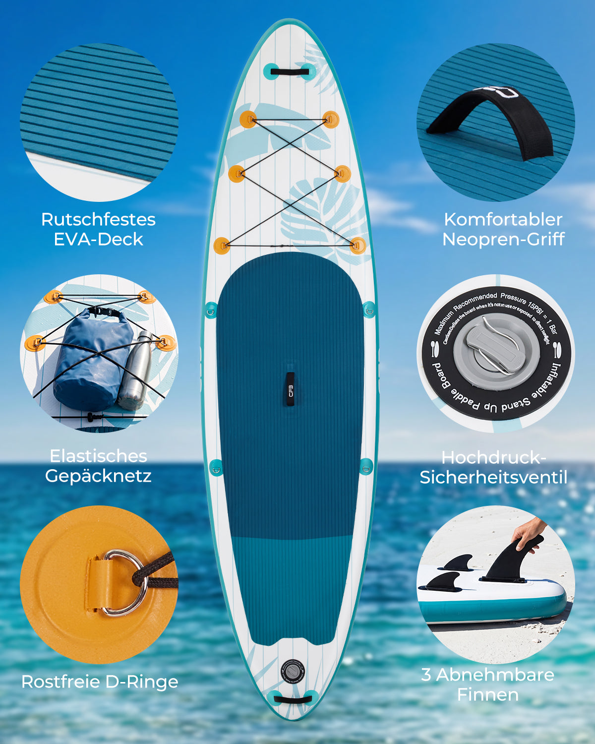 CFB aufblasbares SUP-Board 320cm - Premium Stand Up Paddle Board für alle Gewässer, stabil und langlebig, ideal für Anfänger & Profis, inkl. komplettes Zubehör