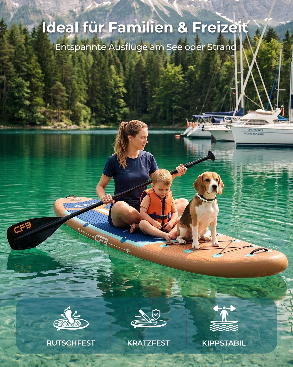 CFB Stand Up Paddling Board Aufblasbar 335x86x15cm, Ultra Breites SUP Board Set für Erwachsene & Familie, Max 140kg, mit Tragegurt, Doppelhubpumpe & 5L Dry Bag