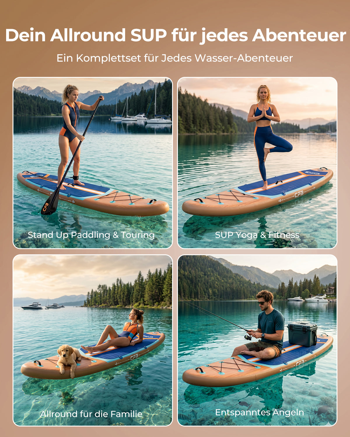 CFB Stand Up Paddling Board Aufblasbar 335x86x15cm, Ultra Breites SUP Board Set für Erwachsene & Familie, Max 140kg, mit Tragegurt, Doppelhubpumpe & 5L Dry Bag