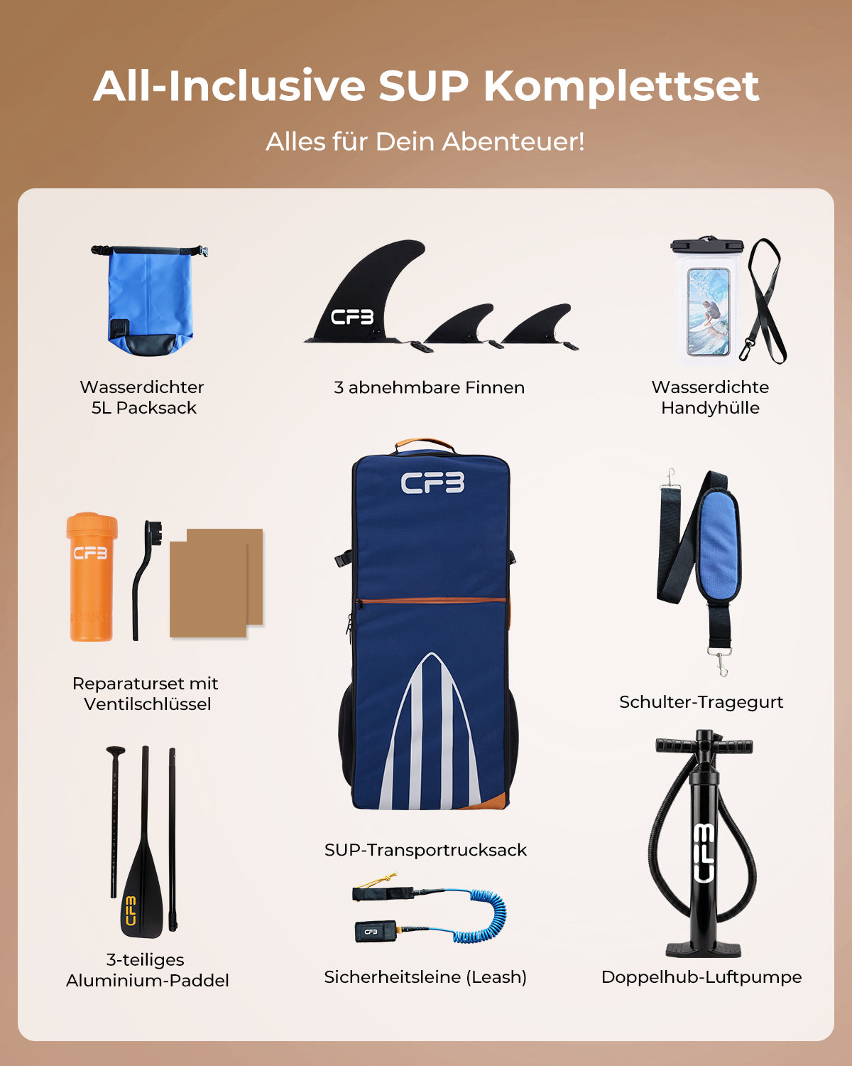CFB Stand Up Paddling Board Aufblasbar 335x86x15cm, Ultra Breites SUP Board Set für Erwachsene & Familie, Max 140kg, mit Tragegurt, Doppelhubpumpe & 5L Dry Bag