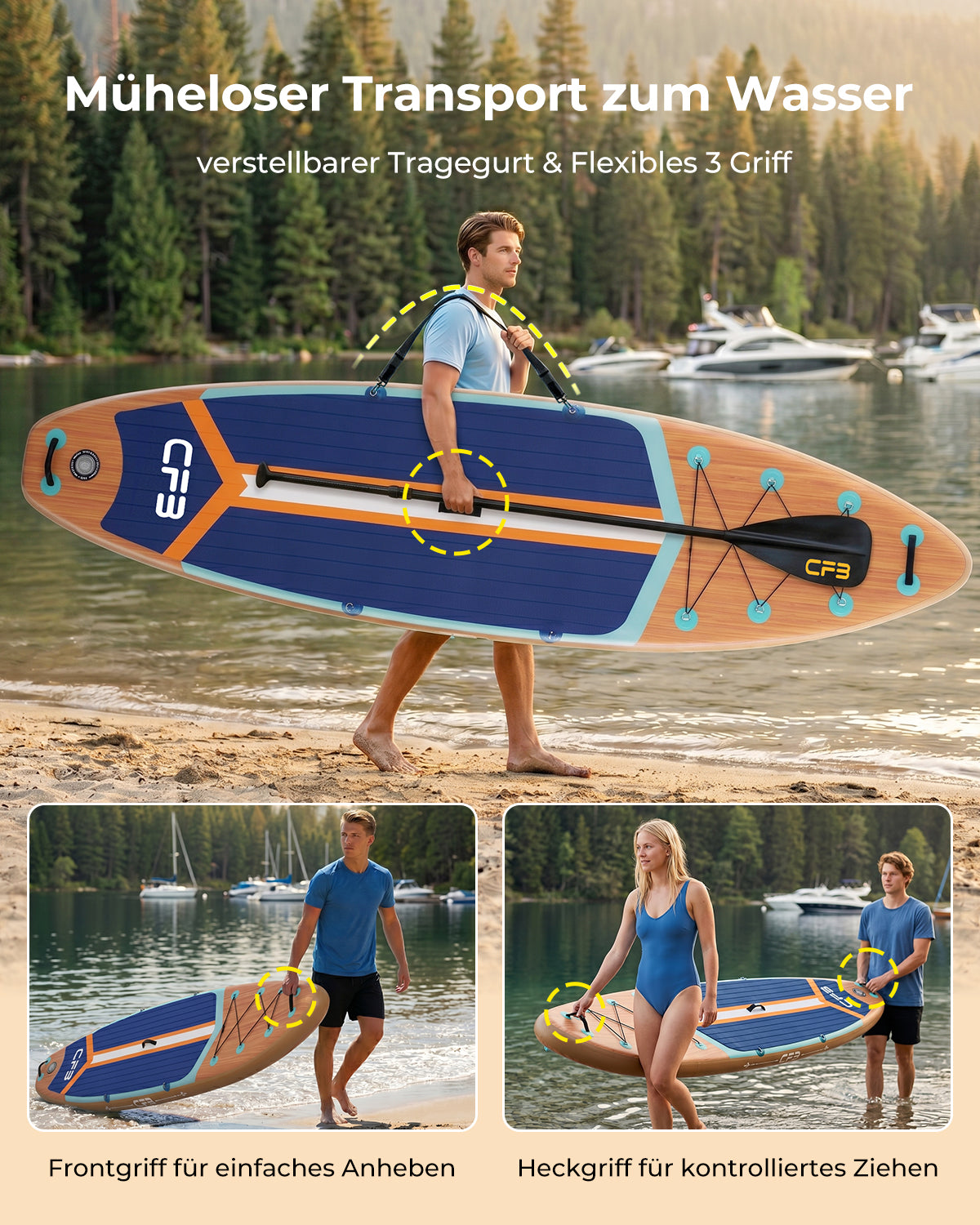 CFB Stand Up Paddling Board Aufblasbar 335x86x15cm, Ultra Breites SUP Board Set für Erwachsene & Familie, Max 140kg, mit Tragegurt, Doppelhubpumpe & 5L Dry Bag